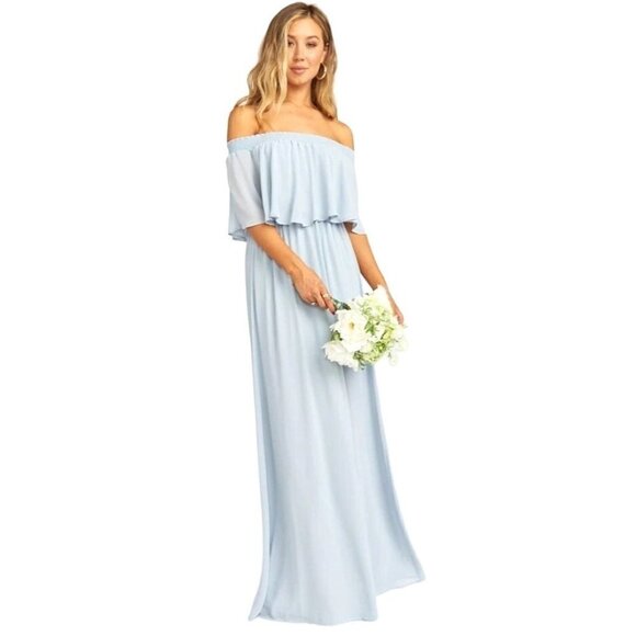 Show Me Your Mumu Blue Gray Off The Shoulder Chiffon Hacienda Maxi Dress S NWT - Picture 1 of 12